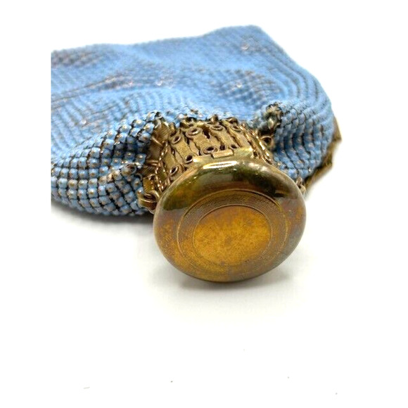 Vtg Antique Evening Purse Expandable Top Gold Mesh Beaded Beggars Bag Blue - Picture 6 of 14